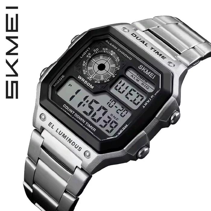 SKMEI Jam Tangan Digital Pria Dual Time dengan Fitur Alarm Chrono dan EL Luminous Tali Stainless Ste