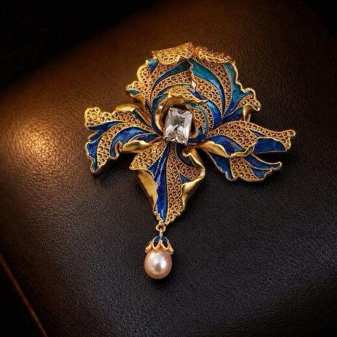 Bros Bunga Peony Mutiara Asli Elegan Biru Emas Bros Bahu Enamel Premium Anggun Zirkon Original Bros