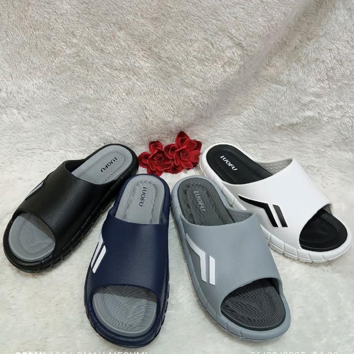 Luofu Selop Pria Model Slop Ban Iras Size 40-44 Sandal Luofu dengan Pilihan Warna Hitam Biru Putih