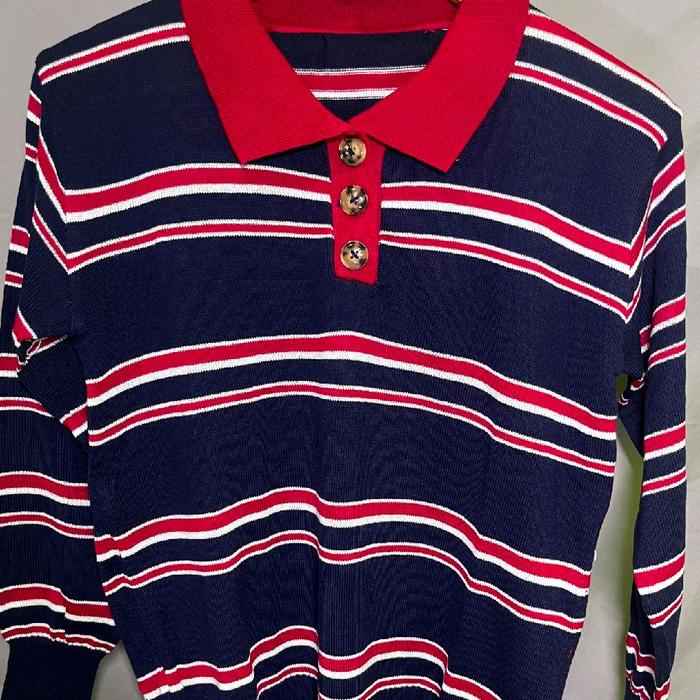 Polo Shirt Biru dengan Strip Merah dan Putih - Baju Polo Lengan Panjang
