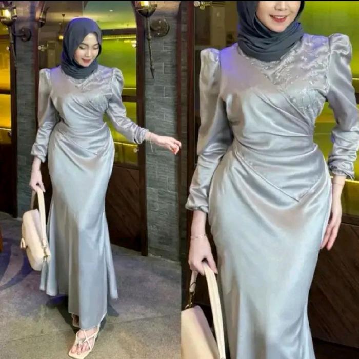 dinara dress knit mix brokat by anomstore - gamis duyung wanita simple melar kekinian mewah body fit