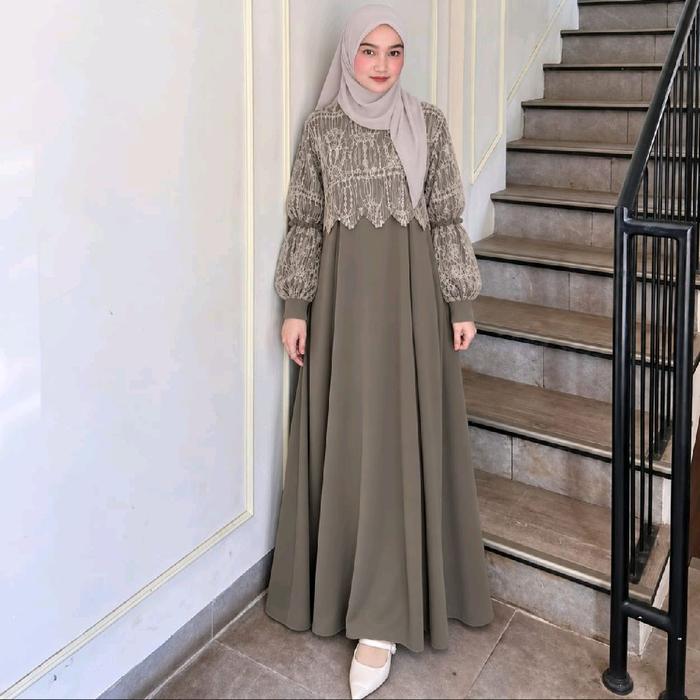 Inaya Dress Gamis Lebaran Model Terbaru 2027 Gamis Sabrina Anti Uv Kombinasi Brukat Chantilly Mewah