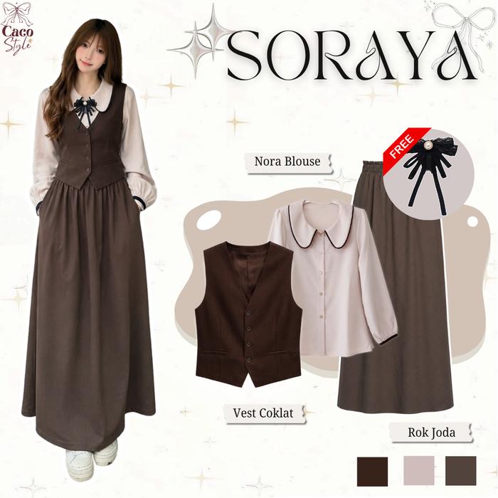 SORAYA One Set 4In1 Setelan Wanita Vintage Korean Style | Blouse + Vest Drill + Bros + Rok Joda | CO