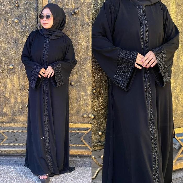 ABAYA ZIPPER HALIZA BUSANA MUSLIMAH WANITA DRESS GAMIS SAUDI SYARI UMROH JUBAH HITAM BAJU LEBARAN TR