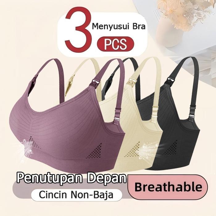 ANSRI 48 ID 3PCS Bra Menyusui Tanpa Kawat Katun Murni Nursing Bra Breastfeeding Maternity Mesh Desig