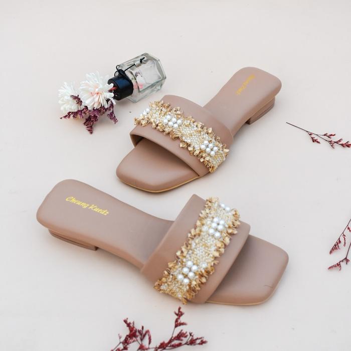 MSW Virginia Sandal Hak 3 Cm Wanita Slop Terbuka Variasi Mutiara