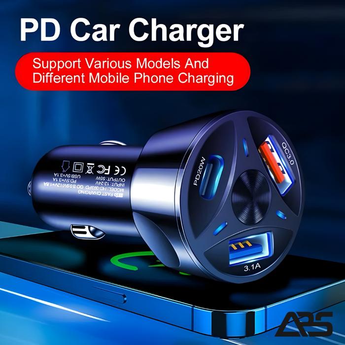 ABS - Batok Saver Pd 55W 2 Usb + 1 Usb Colokan Type C - Kepala Charger Mobil Type C - Casan Mobil