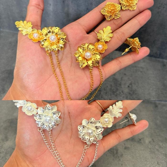 Set bros alpaka kancing tunjung daun silver / gold skrup hiasan kebaya bali
