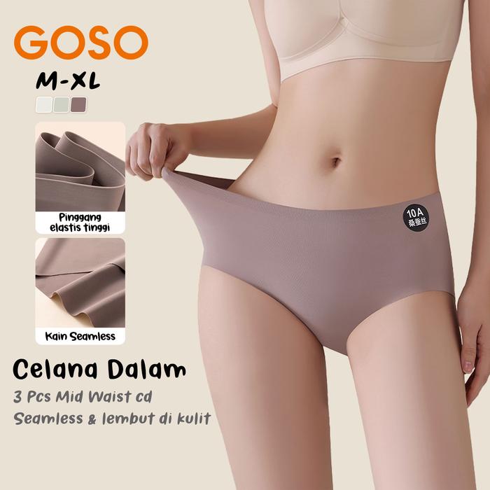 GOSO 3 Pcs Celana Dalam Wanita Seamless Ukuran Besar Mid Waist CD 10A Sutra Murbei Nyaman Pendek