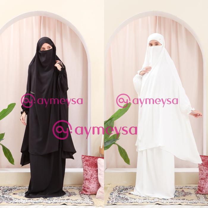 Gamis Syar'i One Set Ibadah Umroh Haji Warna Hitam dan Putih Crinkle Airflow Abaya French Khimar Sya