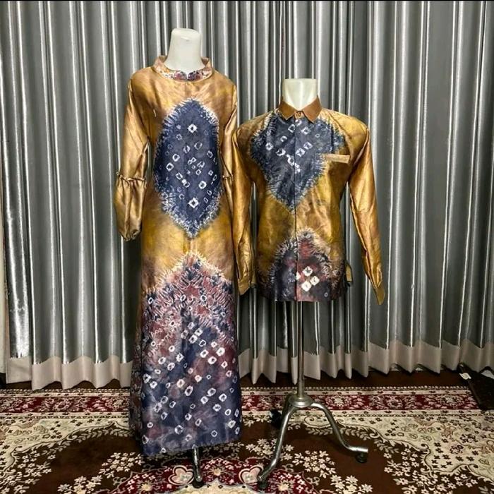 couple gamis tunik kemeja pria jumputan bahan sutra silky/seragam couple keluarga kemeja gamis dan t