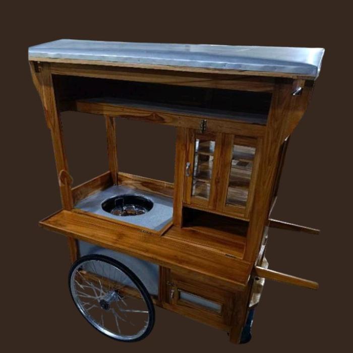 Gerobak Roda Tiga Bakso Kayu Mahoni 100x55x180cm dengan Lemari Etalase & Lubang Diameter 36cm Free O