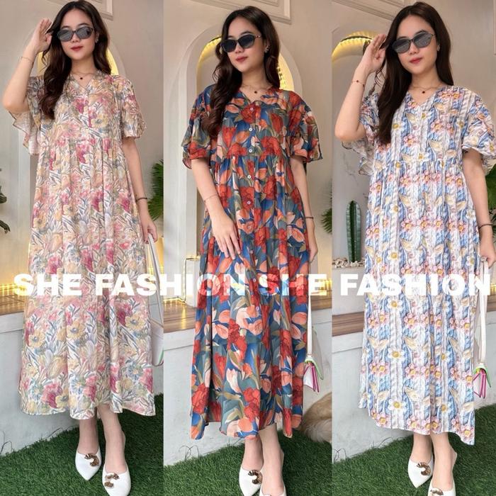 SHE - Samira Melati Dress Midi Belakang Leher Bertali Cantik Rayon Motif Viscose Premium Kancing Bus