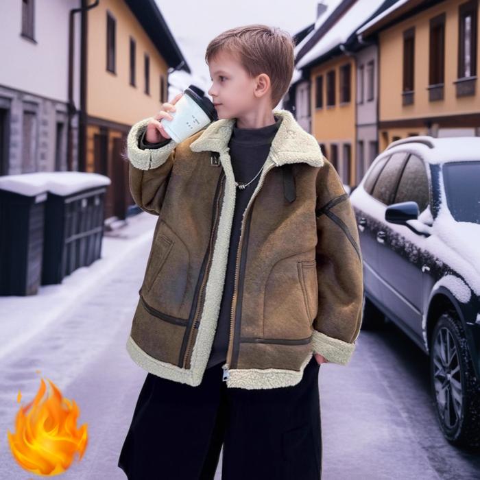 Kids Suede Shearling Jacket Boys Girls Faux Fur Lined Coat Warm Winter Lambswool Trucker Jacket Todd