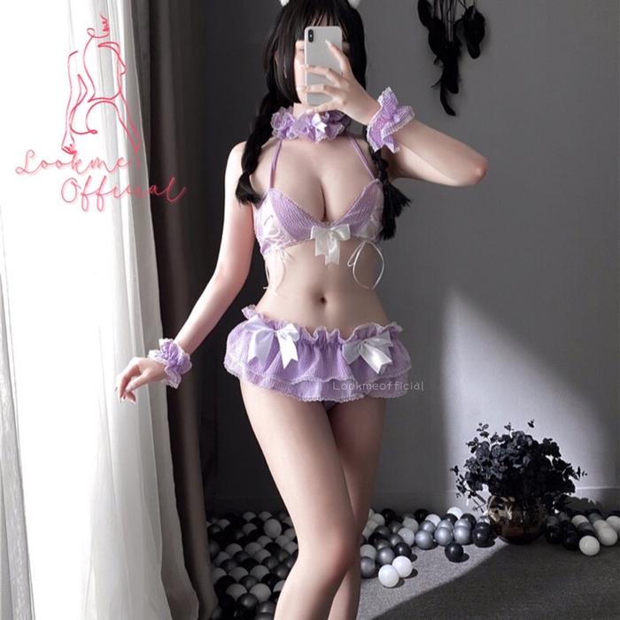 Termurah !! Lingerie Set Pelayan KotakKotak Maid Costume Pembantu Renda Baju Tidur Piyama Cosplay A8