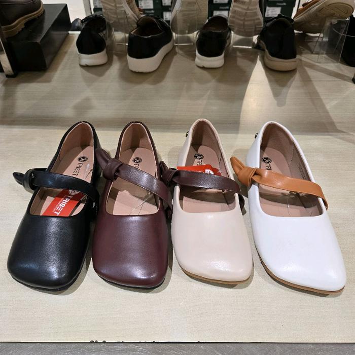Triset Sepatu Flat Wanita New Aksesoris Pita Ringan Empuk & Ori Size 36-40 Warna Hitam Coklat Putih 