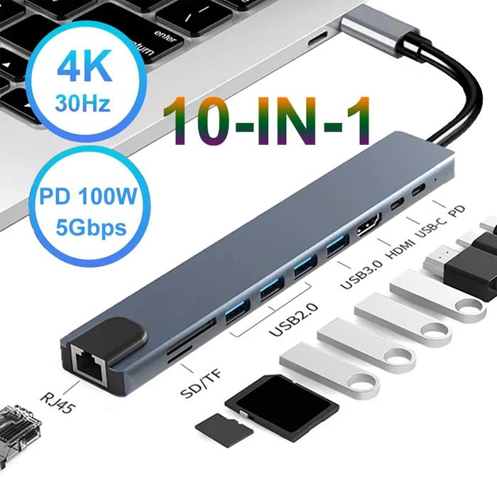 10 in 1 USB C HUB 4K30Hz Docking Station Type C to HDMI-Compatible