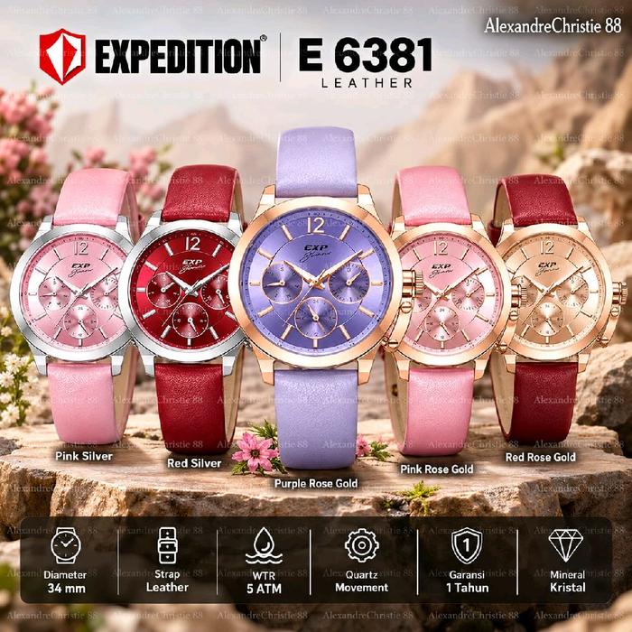 Jam Tangan Wanita Exp EX 6381 E6381 E 6381 Chronograph Analog Quartz 30-38mm Leather Strap Mineral C