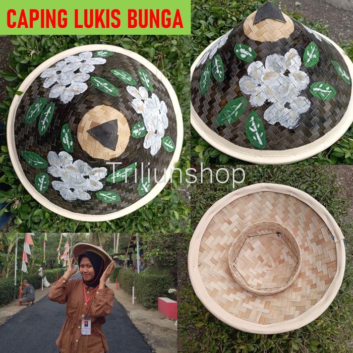 Caping Bambu Topi Petani Lukis - Topi Caping Lukis Bunga Kamboja