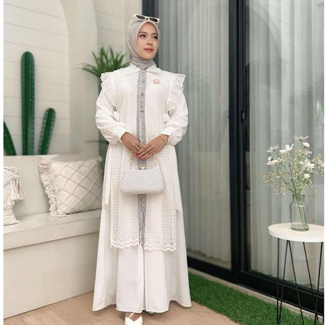 Kinan Set Dress,Gamis Wanita Outer brokat,Dress Pesta Kondangan Muslimah Model Rompi Brokat Premium,