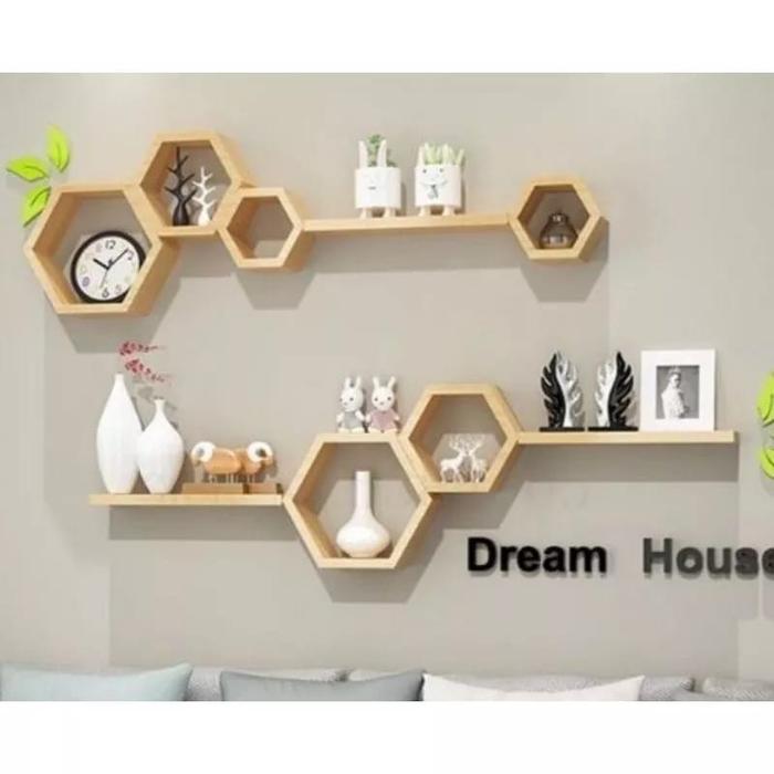 TERMURAH Rak Dinding Hexagonal san Dinding Aesthetic Rak Hexagonal Kayu Jati Belanda Pajangan san Di
