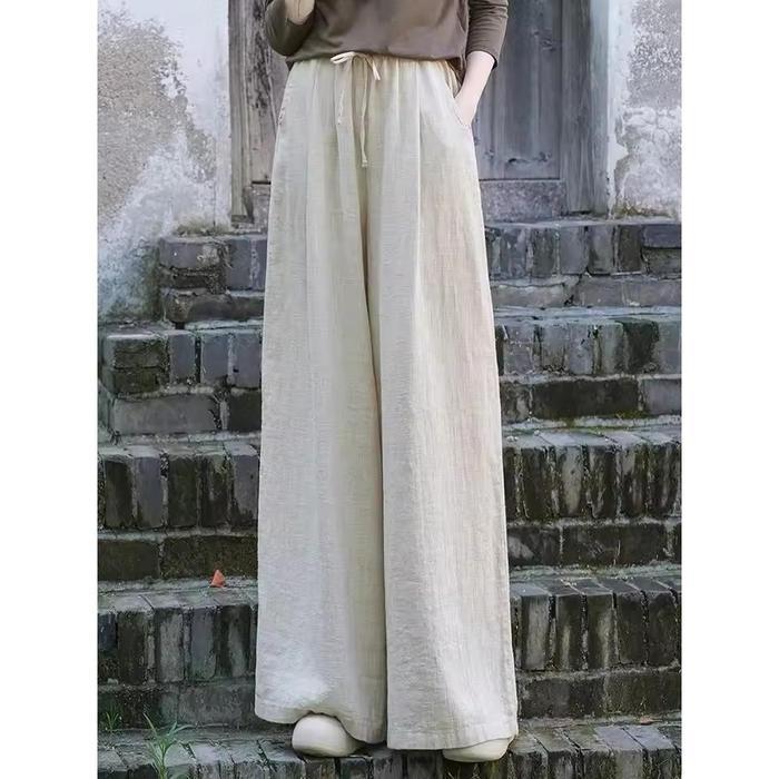 celana kulot linen premium pinggang full karet highwaist - ivory, all size