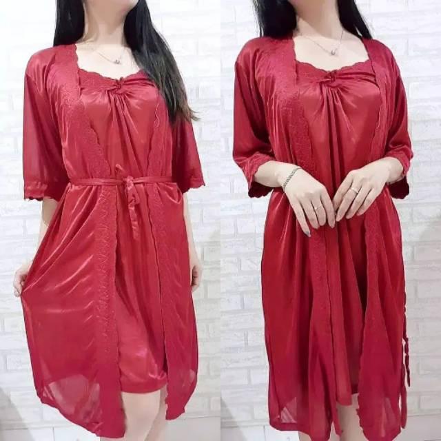 NEW Lingerie Merah dan Kimono Luar Set - Baju tidur transparan wanita