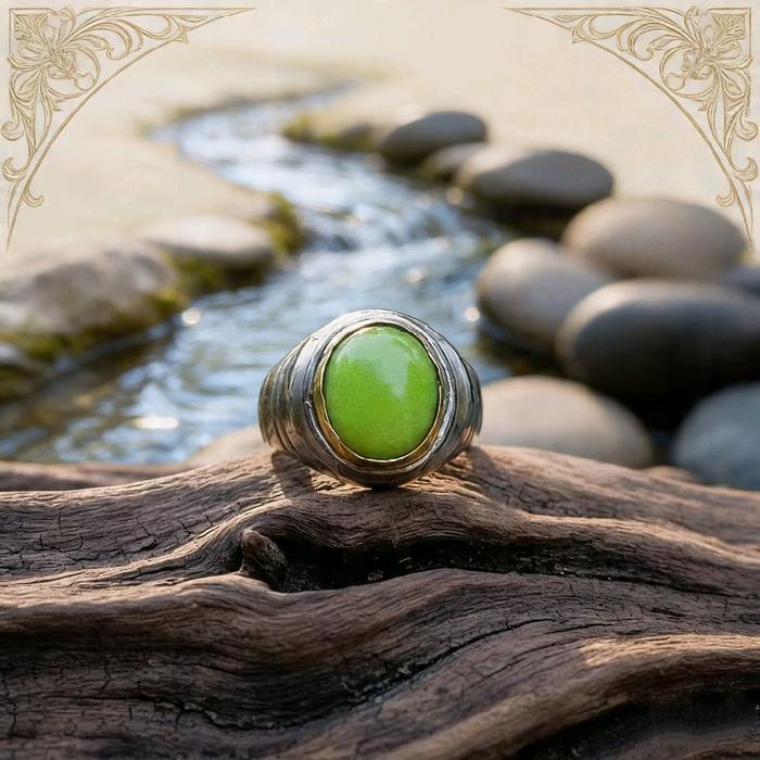 Cincin Batu Akik Posfor Hijau Pucuk Pisang Asli Menyala Dalam Gelap Mban Monel Tanam 12x10 mm Terbai