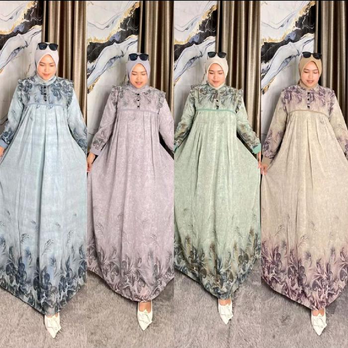 Gamis Ceruty Print Motif Kembang Model Rempel Bahu