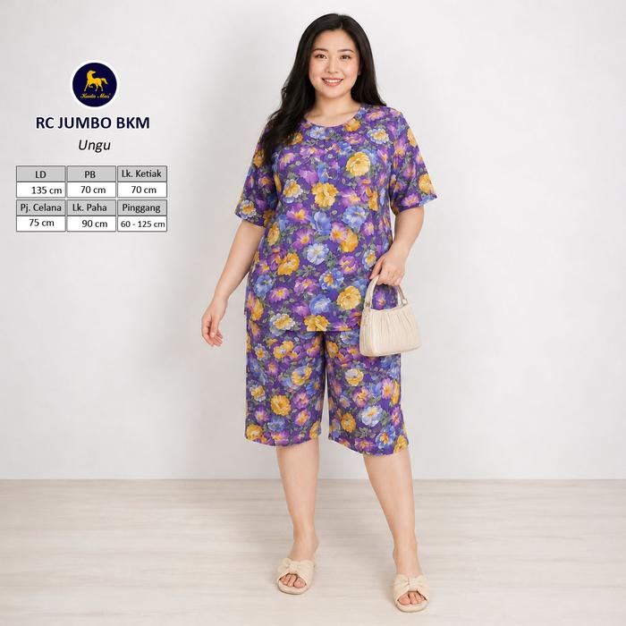 Batik Kuda Mas Setelan RC Jumbo LD 135 Piyama Wanita Celana Pendek Rayon Bunga Motif Nyaman Atasan D