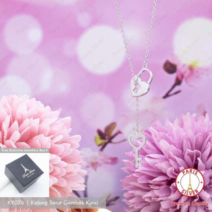 Kalung Serut Liontin Gembok Kunci Hati Perak Silver 925 Lapis Emas Putih Heart Key Lock Neckl