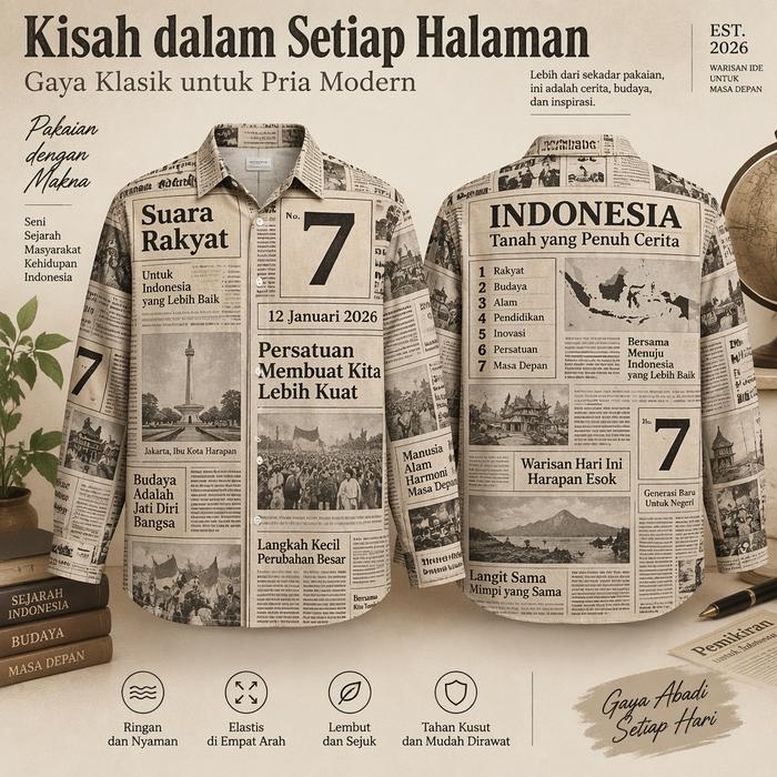 Kemeja Pria Motif Koran Indonesia Lengan Pendek Kerah Revere Gaya Klasik Modern Kemeja Casual Santai