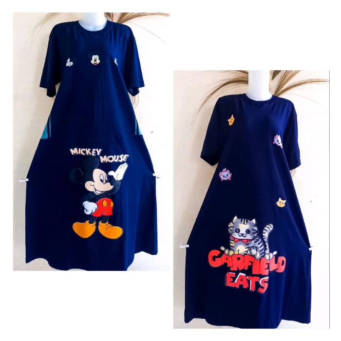 DASTER KAOS KATUN COMBED WARNA NAVY/BIRU DONGKER NON BUSUI KARAKTER Wanita Dress Payung cantik mama 