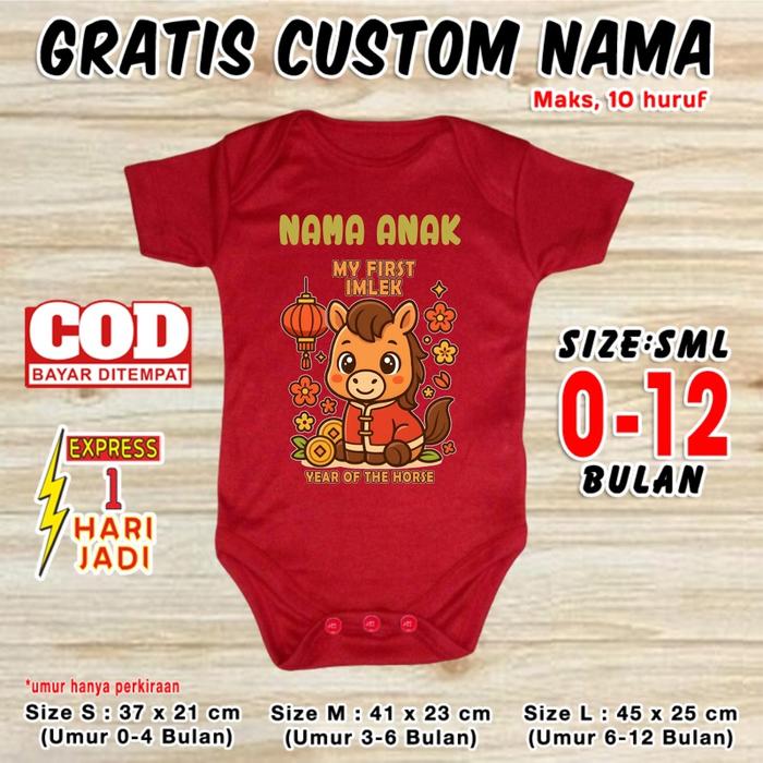 Baju Bayi Imlek Shio KUDA CUSTOM NAMA Pakaian Chinese New Year Jumper Baby CNY Romper Balita Sincia 