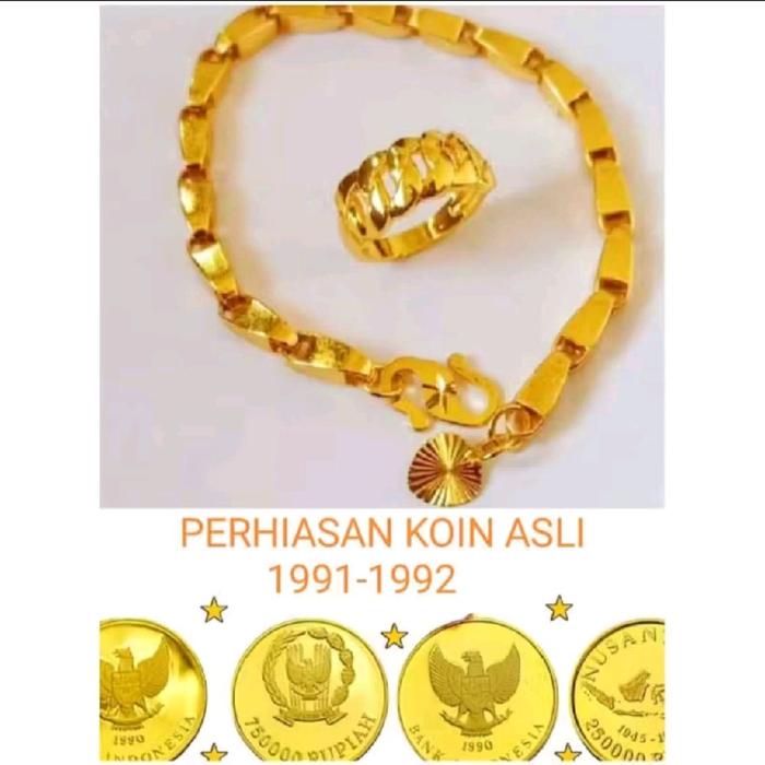 gelang tangan koin asli 1991-1992 gelang tangan padi motif mas 24 free cincin warna emas anti luntur