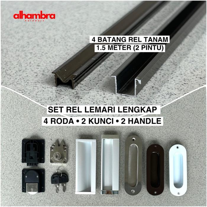 Set Rel Lemari Sliding Model Tanam 3141 2 Pintu , Rel Lemari Geser Lengkap Dengan Roda Kunci Handle