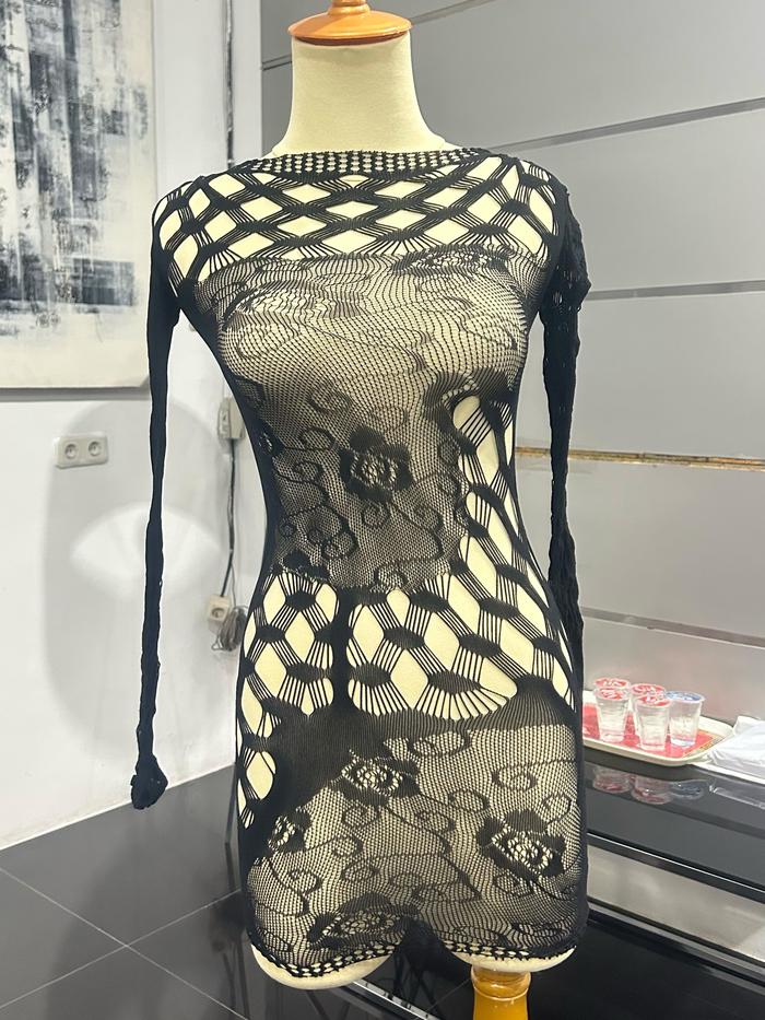 [Premium] Inner Mini Dress Floral Lace - Atasan Jaring Elastis Motif Bunga - Body Stocking Serbaguna