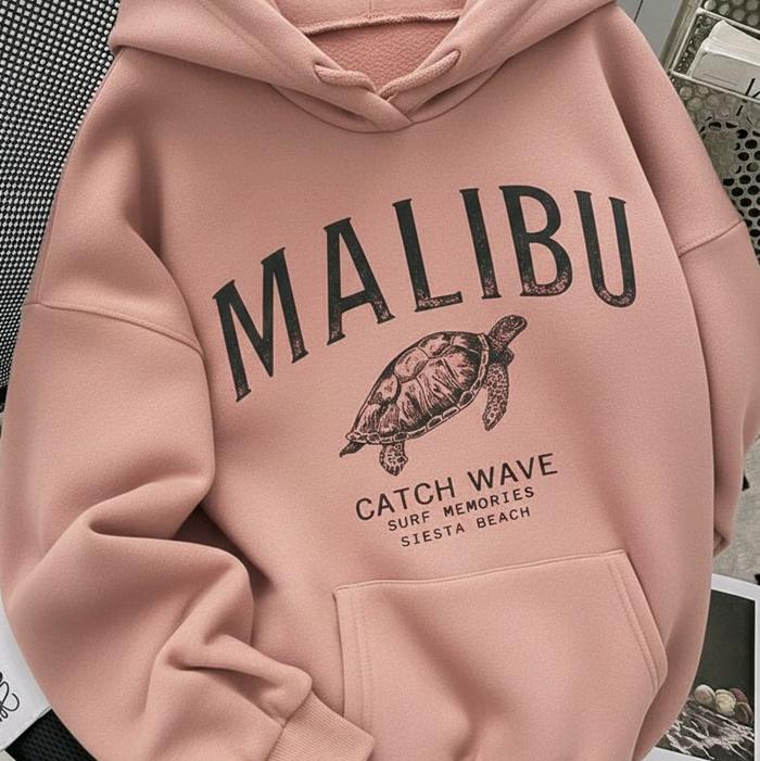 Hoodie Kasual MALIBU Motif Kura-kura, Sweater Hangat Oversize Unisex Lengan Panjang Gaya Korea, Ters
