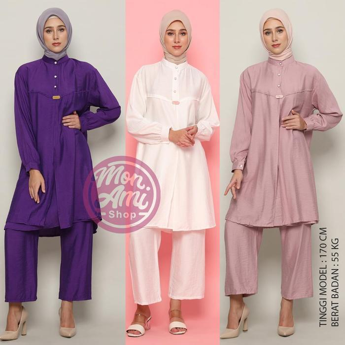 Azalea Setelan Celana Panjang Tunik Atasan Muslim Wanita Bahan Katun Turkish Linen Ld 110 - 120 Ukur