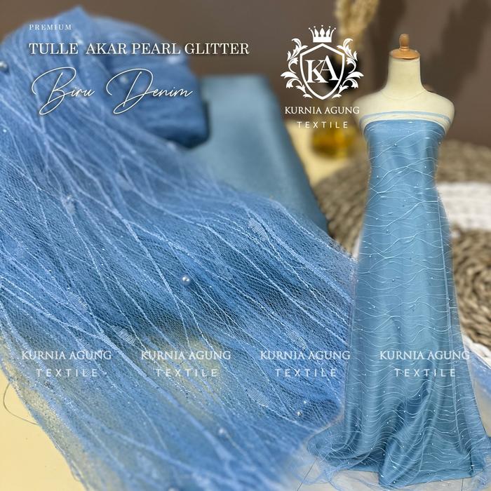 Kain Tile Akar Mutiara Glitter/Kain Brukat Tile Modern warna DENIM BIRU Bahan Gamis, Dress, Kebaya W