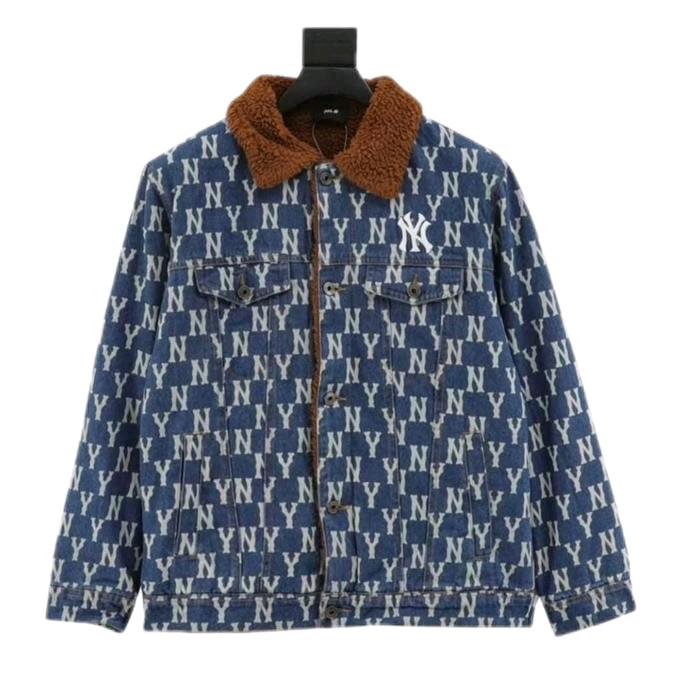 Jaket Cowok Tebal Full Print MLB NY Bahan Sherpa Berkerah Tebal Jaket Pria Keren Casual Distro Desai