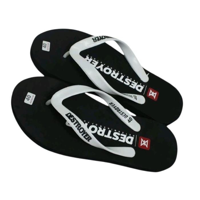 Sandal jepit distro Destroyer Hitam dengan Tali Putih dan Logo Merah