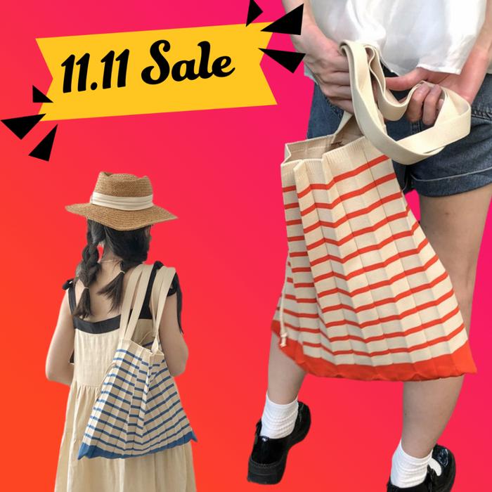 Chicbags-[READY]Hadiah Lebaran Tas Pleats korea jinjing Pleats Stripe Korean Hand Bag Pleats Mama Sh