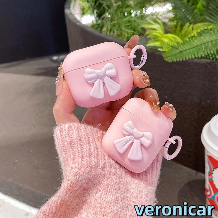 Casing Airpods Pelindung Silikon Pita Merah Muda Kasus Earphone Bluetooth Nirkabel Pelindung Case Co