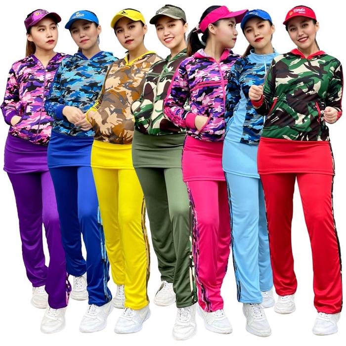 ready stock Setelan Baju Senam Army Rok Set Senam Gym Gowes Jogging Training Panjang Wanita Muslim H