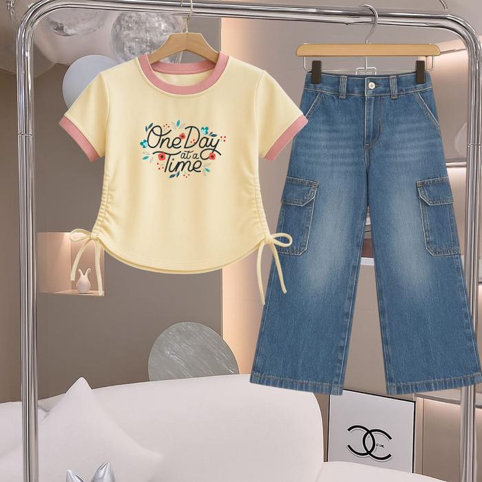 "Setelan Anak Perempuan Kaos Bordir One Day At A Time + Celana Jeans Cargo Trendy Usia 1–12 Tahun – 