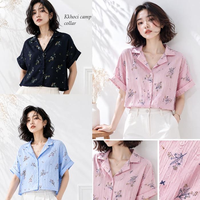 Kkochi Camp Collar Waist Top Baju Atasan Blouse Wanita