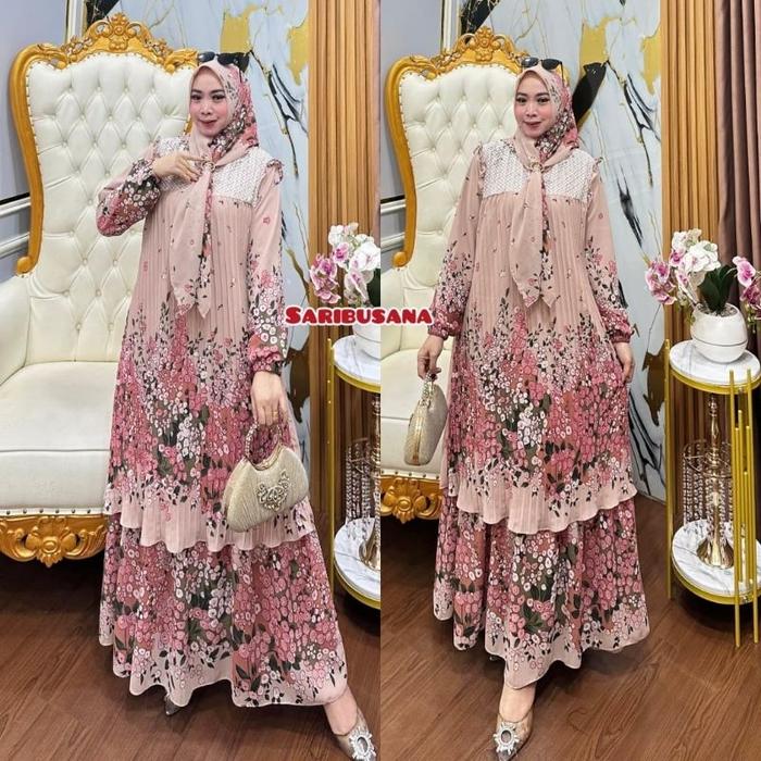 Farra Dress Gamis Wanita Ceruty Plisket Babydoll Premium Mix Renda Plus Hijab