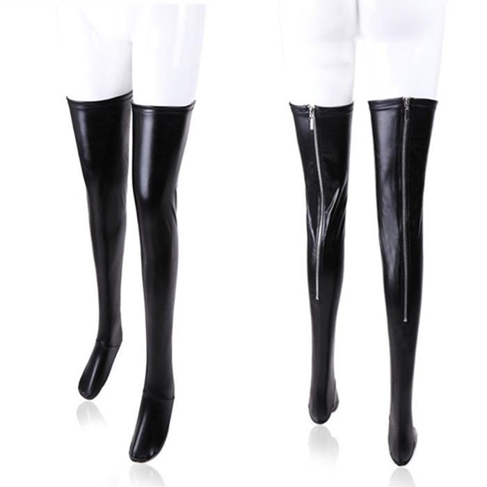 Women y Latex Zipper Anti-Slip Stockings Lady's Black PVC Pole Dance Leather Erotic Clubwear Length