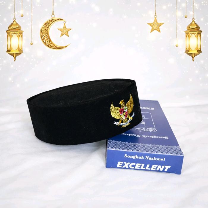[beli 1 gratis 1] KOPIAH SONGKOK MUSLIM PECI NASIONAL EXCLUSIVE HITAM MOTIF BORDIR LOGO BULAN BINTAN